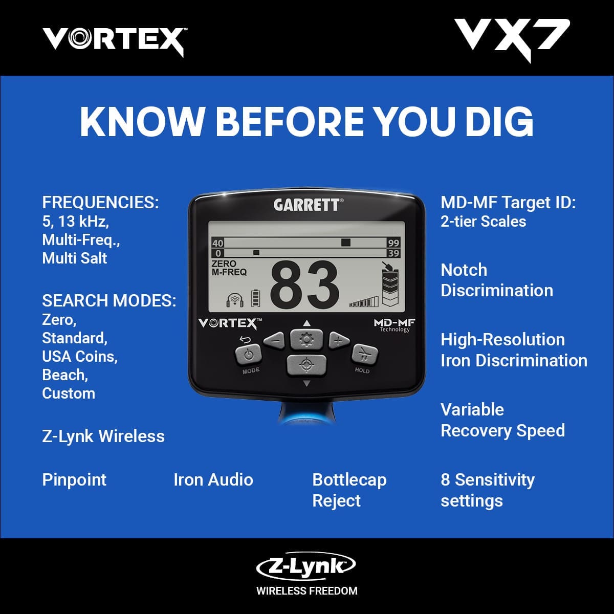 Edirne Garrett Vortex VX7 Dedektör - VX7 hedef ID ekranı, iki katmanlı MD-MF okuma ile demir ve iletken hedefleri ayırmaya yardım eder.
